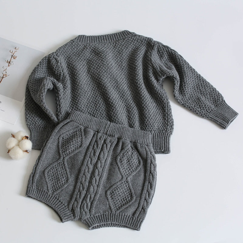 Suéter de punto de algodón para niños y niñas, cárdigan + Pantalones cortos, traje nuevo 2021, ropa para niños de otoño e invierno, ropa para bebés