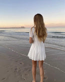 2020 Retro Stickerei Lochnähte Spitze Kreuz Schnürung Kurzarm Kurzes Kleid Frau Weiß Französisch Minikleider Urlaub