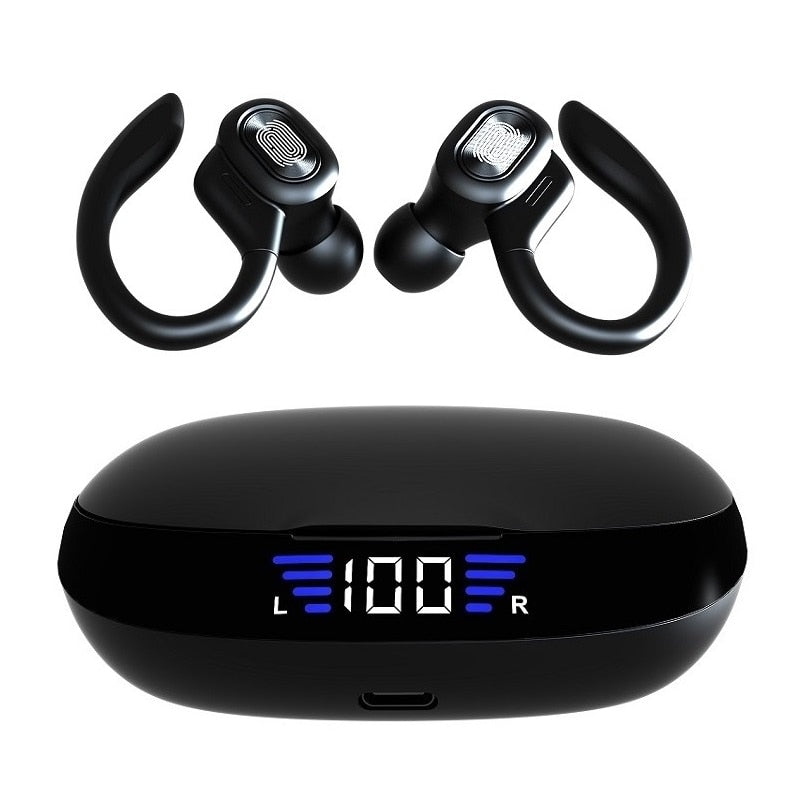 Auriculares Bluetooth TWS con micrófonos, auriculares deportivos con gancho para la oreja, auriculares inalámbricos con pantalla LED, auriculares estéreo HiFi, auriculares impermeables