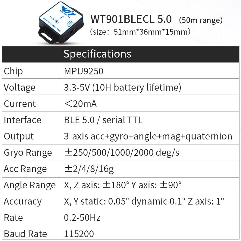 Acelerómetro Bluetooth de alta precisión BWT61CL + giroscopio + ángulo (XYZ, 100HZ), inclinómetro MPU6050 AHRS de 6 ejes, compatible con PC/Android