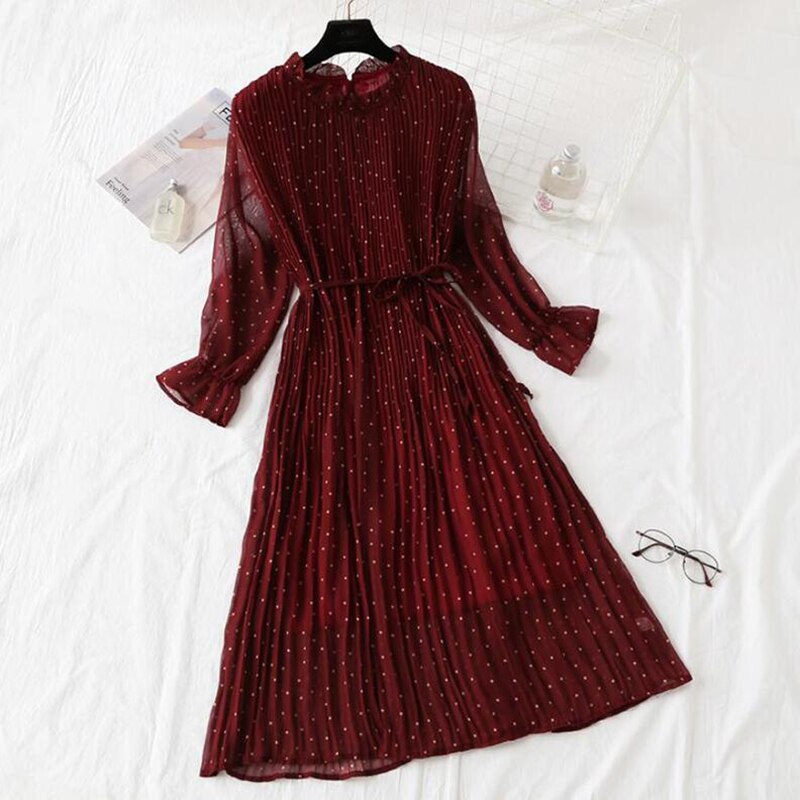 2022 New Women Spring Print Dresses Long Sleeve Chiffon Pleated Dress Casual Ruffle Flare Sleeve Long Dress Loose Vestidos