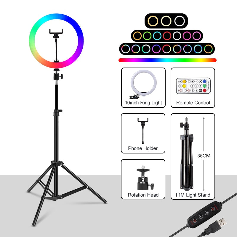 Anillo de luz regulable para Selfie, lámparas LED redondas, USB con soporte para teléfono, soporte de trípode de 1,6 M para Tiktok, luz de vídeo, maquillaje, conjunto de fotografía