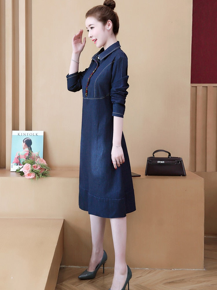 S-5XL Women Denim Dress Spring Autumn New Fashion Printing Blue Dresses Long-sleeve Loose Cotton Mid-length Dress Female