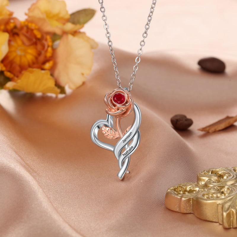 JewelOra Personalisierte Halskette mit Namensgravur, Rose, Blume, Anhänger, 12 Farben, Geburtsstein-Halskette, Valentinstagsgeschenk