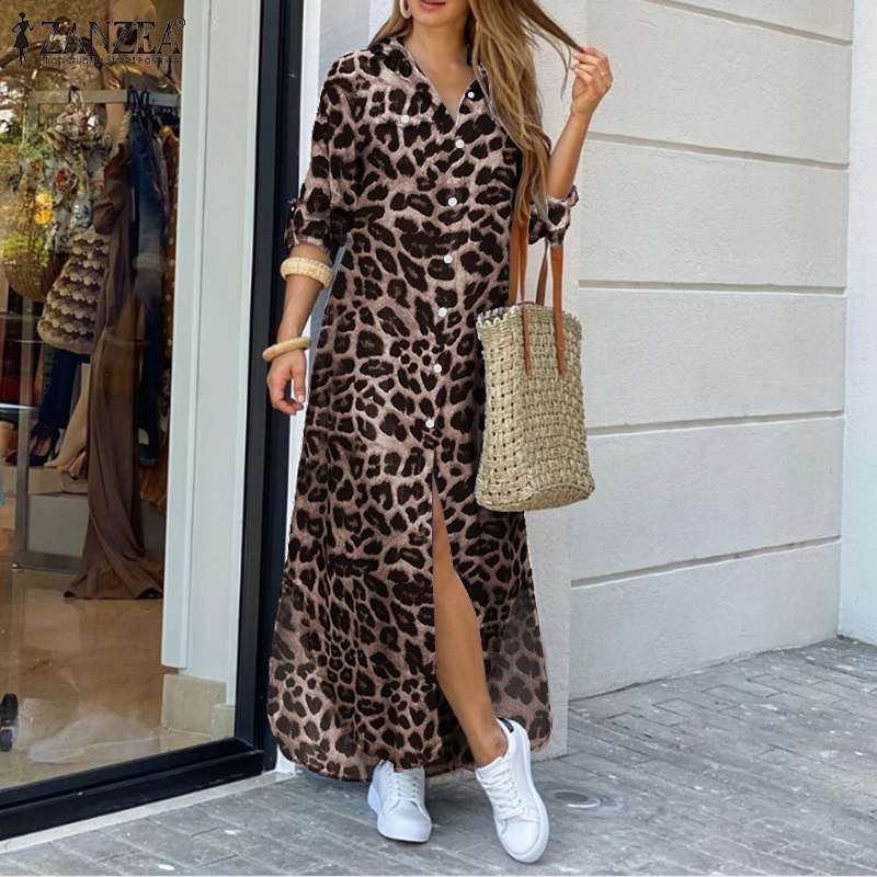 ZANZEA Party Holiday Longue Robe Damen Herbst Mode Hemdkleid Casual Vintage Leopard Kleider Damen Revers Lange Vestidos