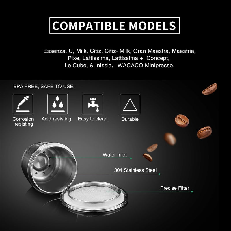 ICAfilas Wiederverwendbarer Kaffeefilter für Nespresso-Maschinen mit Tamper-Edelstahlkapsel für Nospresso