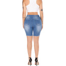 Summer Denim Ripped Bermuda Shorts Women Blue Drawstring Closure Distressed Knee Length Stretch Short Jeans