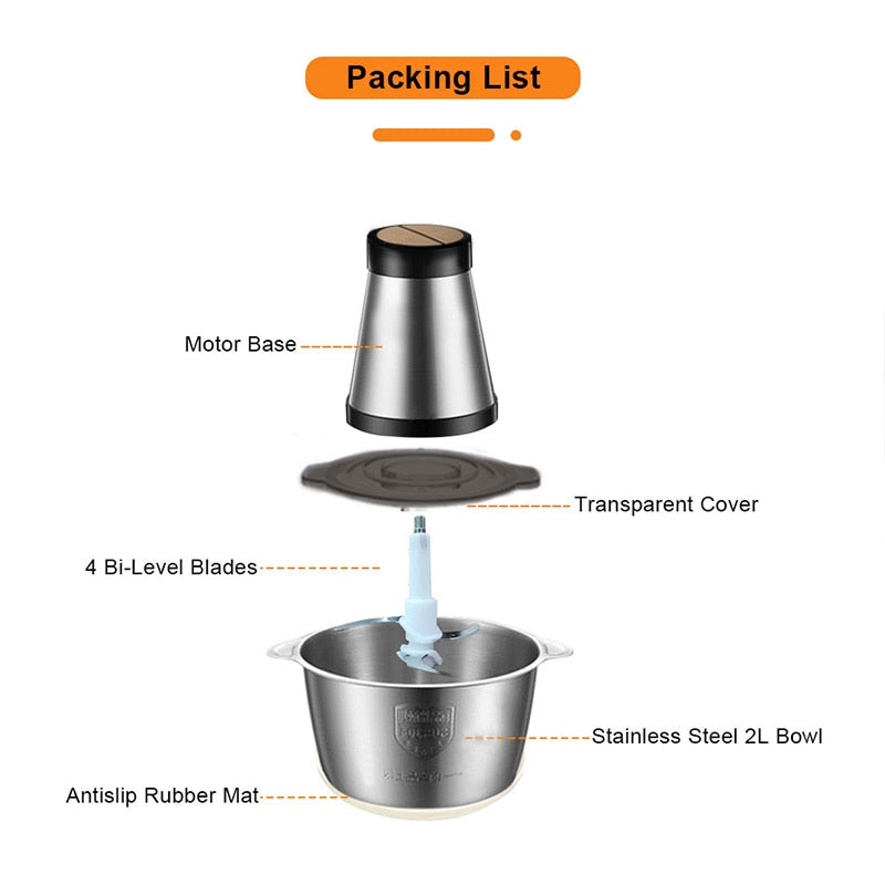 Picadora eléctrica de 2 velocidades VOA, picadora de carne de acero inoxidable, procesadora de alimentos, rebanadora, máquina de suplemento para bebés de 2 L de capacidad