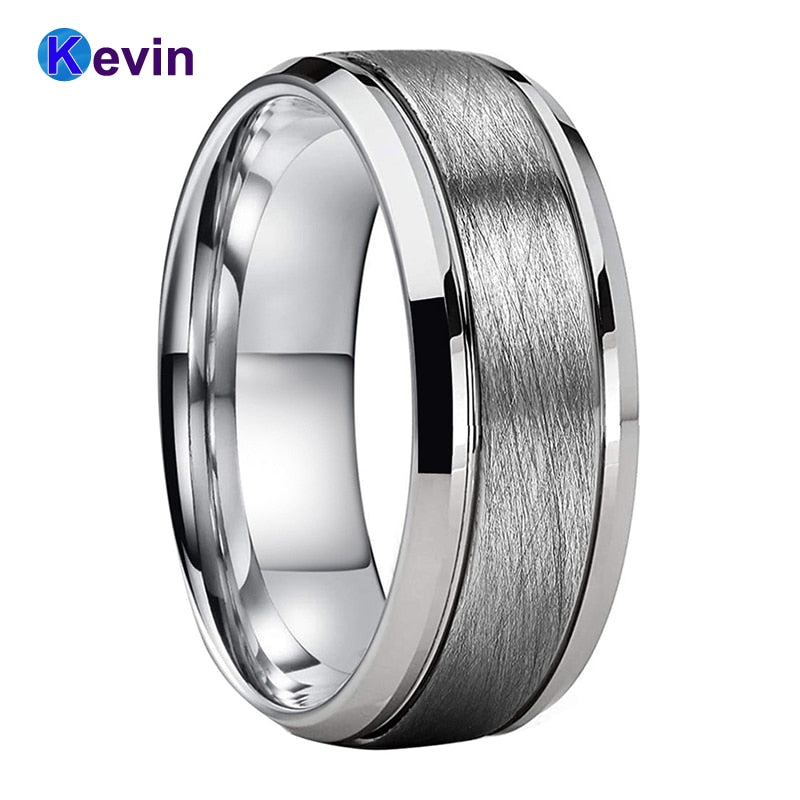 Men Women Tungsten Wedding Band Ring With Bevel Brush Groove Finish 8MM Comfort Fit