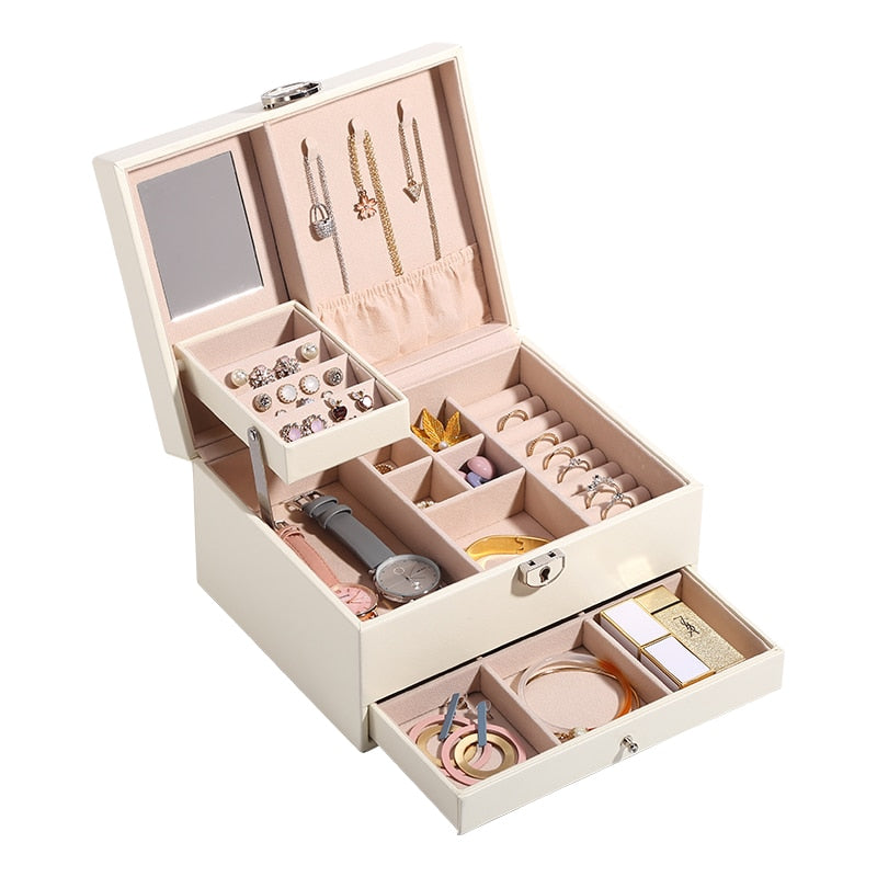 2022 Large PU Leather Jewelry Box Organizer with Mini Travel Storage Case Girls Ring Earrings Necklace Casket For Jewellery Box