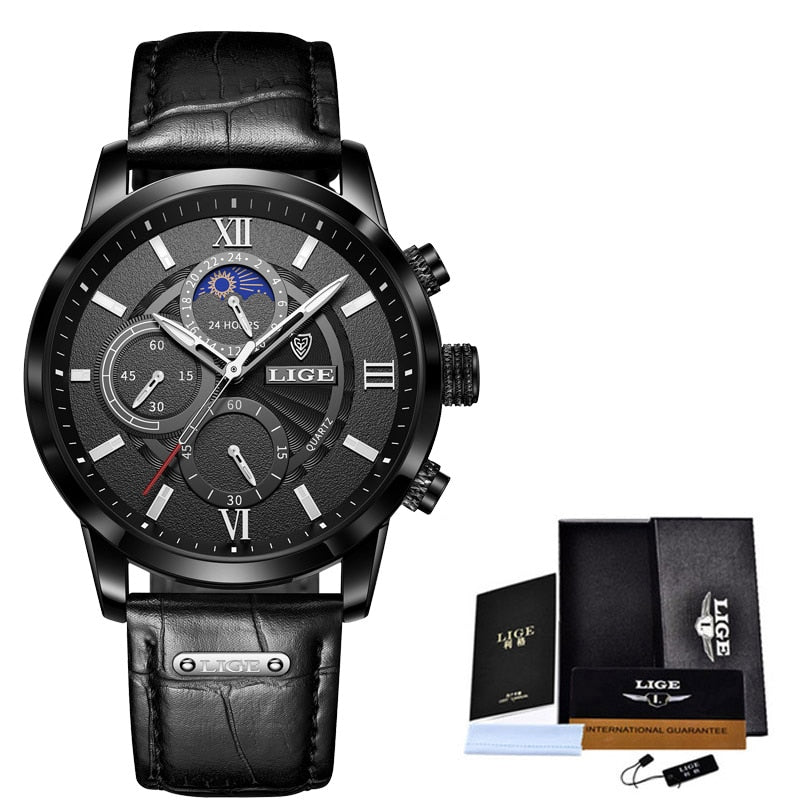 2022 LIGE Uhren Herren Top-Marke Luxus Uhr Casual Leder 24 Stunden Mondphase Herrenuhr Sport Wasserdicht Quarz Chronograph + Box