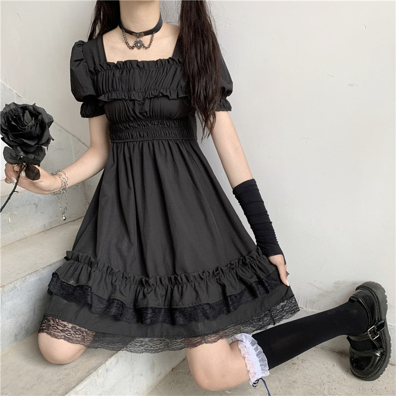 Japanese Harajuku Dark Style Summer New Dresses Vintage Square Collar Lace Puff Sleeve Dress Sweety Ruffles Hepburn Black Dress