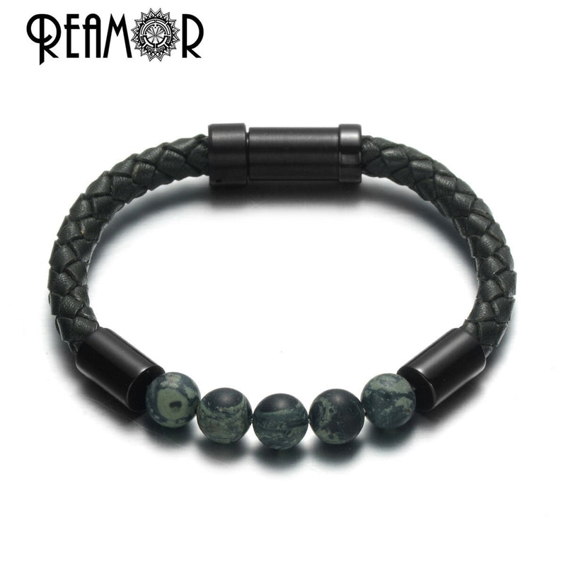 REAMOR Men Black Green Natural Stone Braided Leather Bracelets Gold Color 316L Stainless steel Embedded Clasp Bangle Jewelry