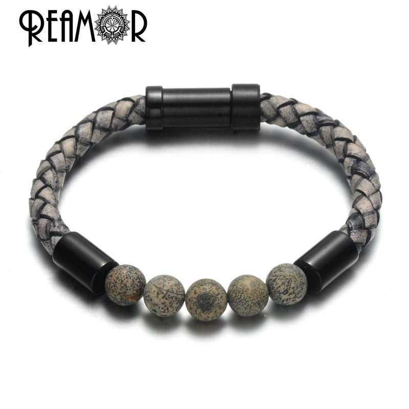 REAMOR Men Black Green Natural Stone Braided Leather Bracelets Gold Color 316L Stainless steel Embedded Clasp Bangle Jewelry