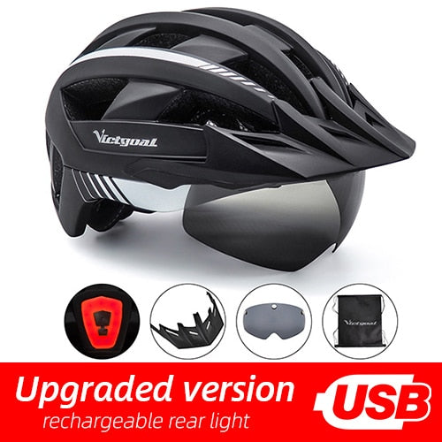 Victgoal casco de bicicleta LED montaña carretera USB recargable luz casco de ciclismo para hombre visera gafas hombres MTB bicicleta casco