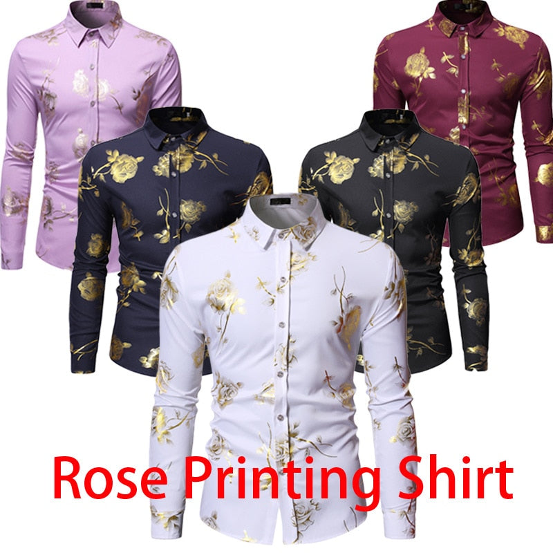 Herren Gold Rose Blumendruck Hemden Marke Floral Steampunk Chemise Weiß Langarm Hochzeit Party Bronzing Camisa Masculina