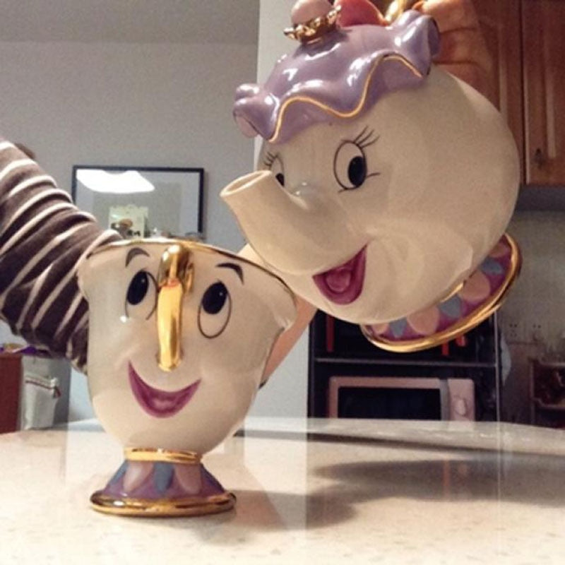 Cartoon Beauty And The Beast Teapot Mug Mrs Potts Chip Tea Pot Cup Set Cogsworth Porcelain Gift 18K Gold-plated Painted Enamel