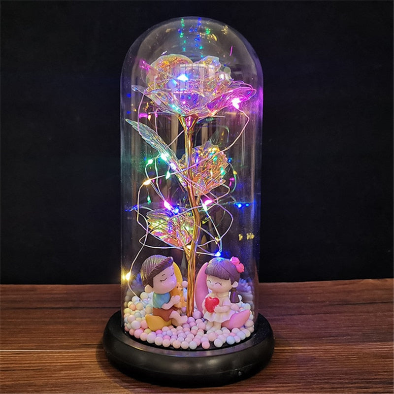 LED Enchanted Galaxy Rose Eternal 24K Gold Foil Flower with String Lights In Dome for Home Decor Christmas Valentine&