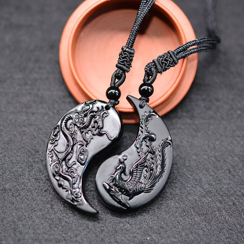 1 Set Obsidian Taichi Drachen und Phönix Halskette Anhänger YIN YANG Anhänger Halskette Obsidian Glücksanhänger