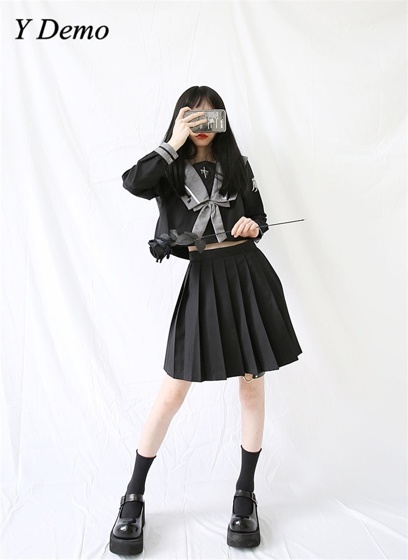 Y Demo Japanese Preppy Style Uniform Skirt Set Woman Bow Shirt A-Line Skirt Suit Harajuku Techwear
