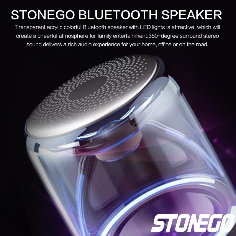 Altavoz estéreo inalámbrico STOENGO True con diseño transparente, luz LED de respiración, TWS Bluetooth 5.0, tarjeta TF y entrada de audio AUX