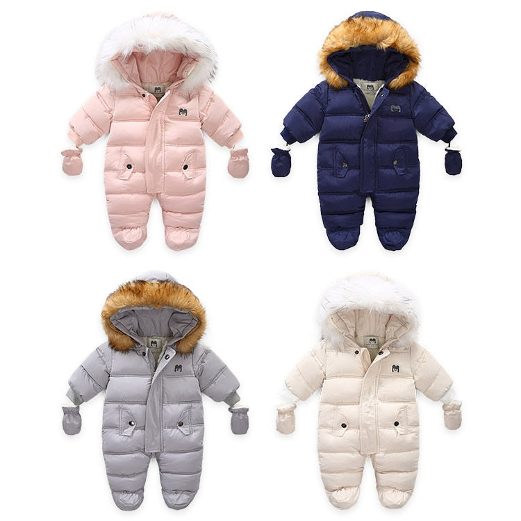 Children Winter Jumpsuit Fur Hood Baby Girl Boy Snowsuit Russian Winter Infant Outerwear Ovealls Baby Thick Rompers with Gloves