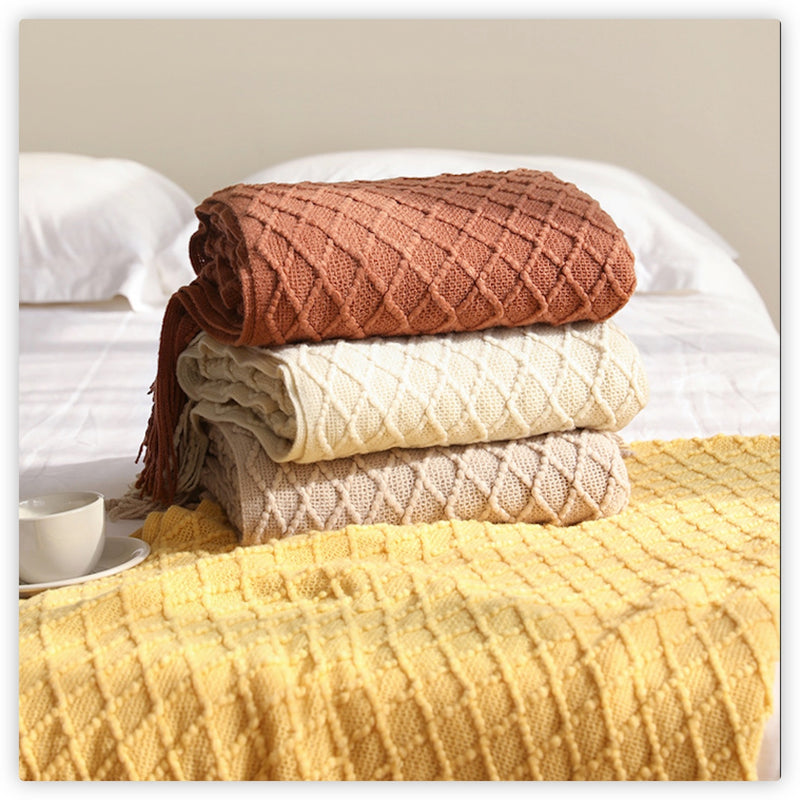 Textile City Faux Cashmere Sofa Blanket Cover Nordic Style Knit Plaid Throw Tassels Bedspread Golden Blanket for Spring Summer