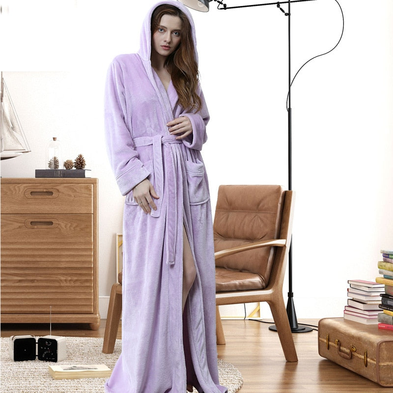 Damen Herren Winter Plus Size Flanell Robe Extra Lang Mit Kapuze Warmer Bademantel Liebhaber Dicker Kimono Bademantel Herren Morgenmantel Roben