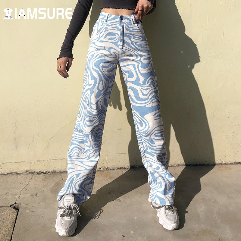IAMSURE Zebra Print Trousers Women Streetwear Cool Mid-Waisted Autumn Spring Wide Leg Pants  Korean Casual Korean Style Fashion