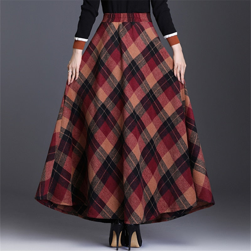 Neophil Woolen Warm S-3XL Thick Plaid Skirts 2022 Winter Women England Style Pockets Midi Pleated A-Line Wool Tartan Skirt S9216