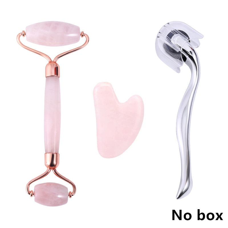 Slimming Massager Rose Quartz Roller Natural Jade Roller Microneedle Roller Jade Spatula Three-piece Skin Care Facial Massager