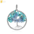 CSJA Tree of Life Pendant Necklace Natural Stone Silver Color Wire Wrap Quartz Crystal Chip Bead Flower Reiki Jewelry Women G306