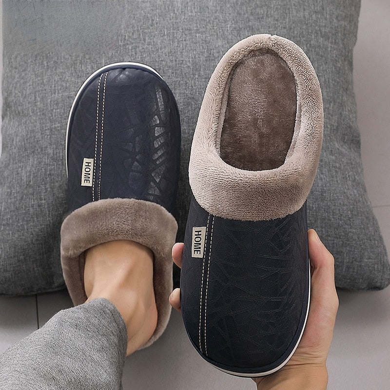 Men slippers leather Home slippers for men Waterproof Warm House slippers Male Fur Slippers Couple Platform Fluffy Big Size 50