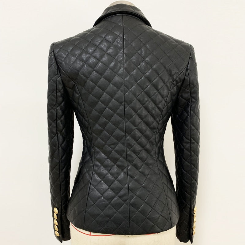 TOP QUALITÄT 2022 Neueste Designerjacke Damen Zweireiher Lion Buttons Grid Sewing Kunstleder-Blazer