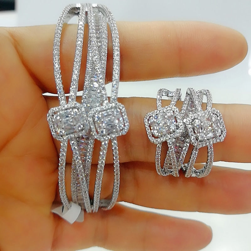 GODKI Luxury 2PCS Dubai Bangle Ring Set Conjuntos de joyería de moda para mujeres Compromiso de boda brincos para as mulheres 2022