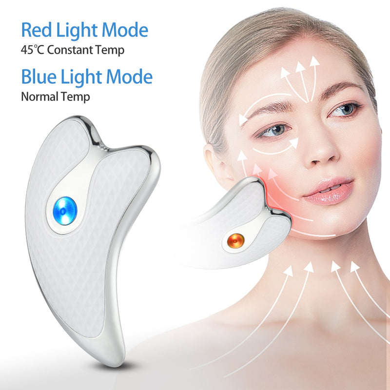 Beheiztes Vibrations-Gesichtsmassagegerät, elektrisches Gua Sha-Brett, Rot-Blau-Lichttherapie, Schabeplatte, Facelifting, Schlankheitswerkzeuge