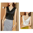 2022 Summer Fashion Silk Womens Blouses Satin Tops Woman Shirts Embroidery Sleeveless Ladies Top V-neck Lace OL Women Clothing