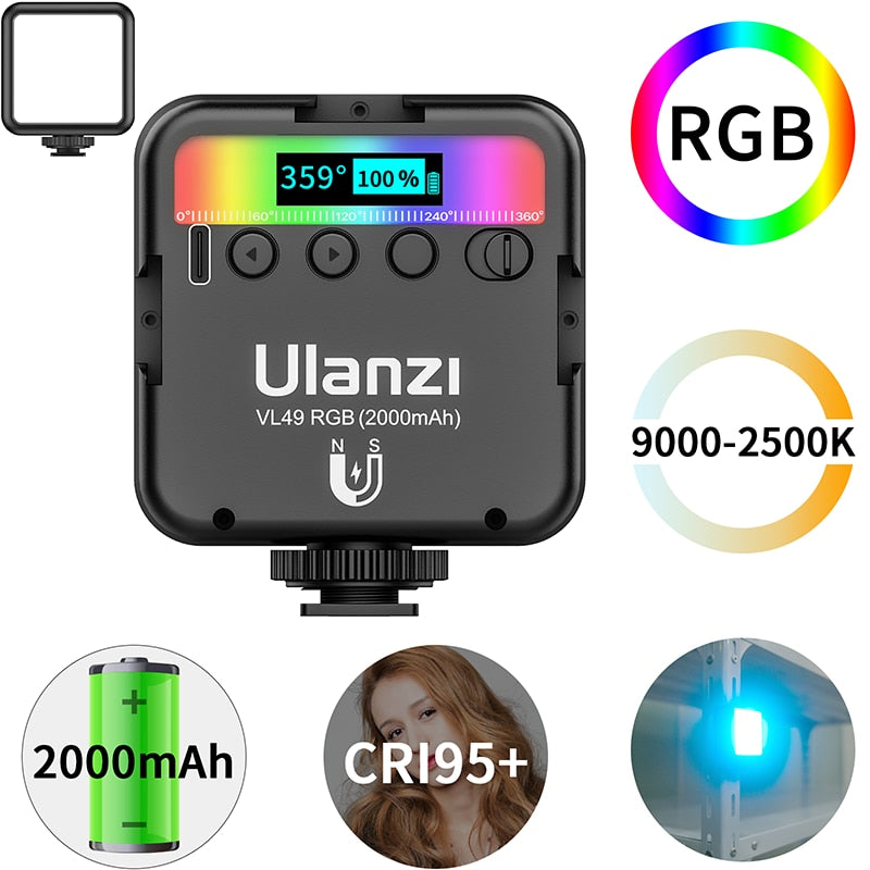Ulanzi VL49 RGB Luz de video LED a todo color 2500K-9000K 800LUX Mini luz de relleno magnética Extender 3 Zapata fría 2000mAh Puerto tipo c