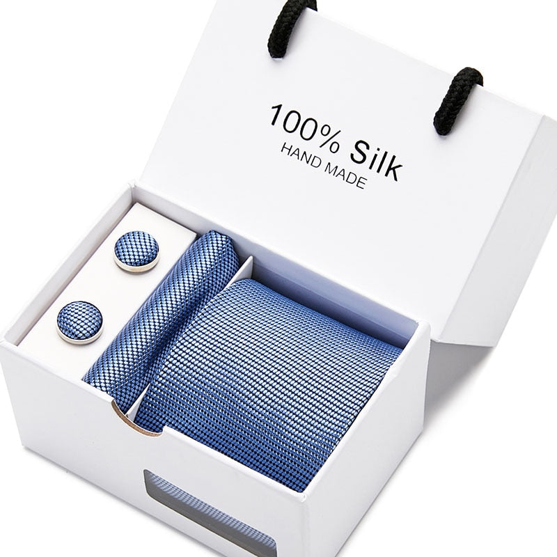 Joy Alice Wedding men neck ties gift box packing men brand luxury necktie pocket square silk tie set cufflinks handkerchief