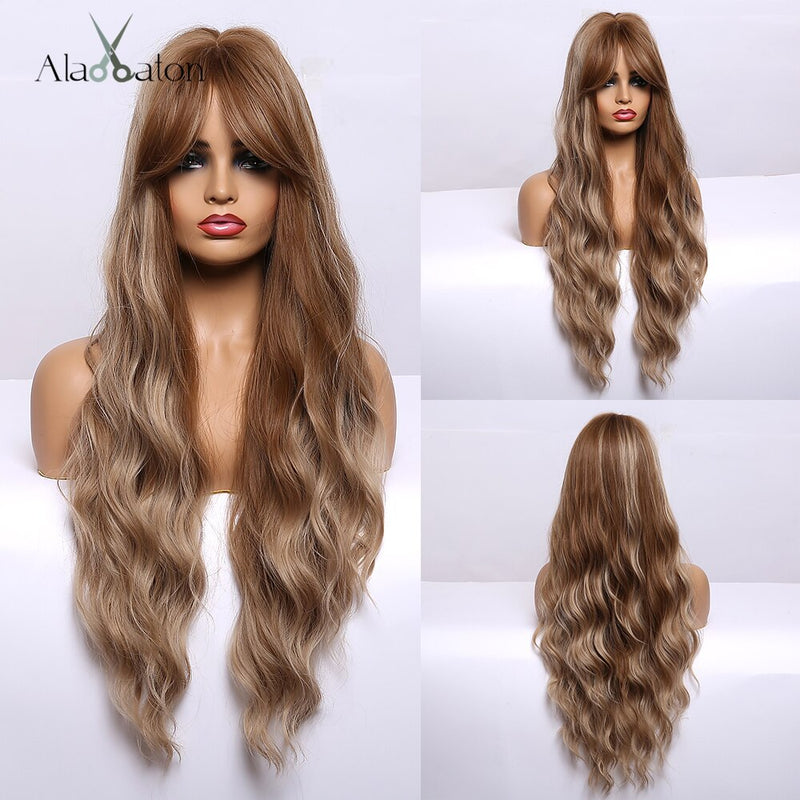 ALAN EATON Long Ombre Black Brown Blonde Wigs with Bangs Heat Resistant Synthetic Wave Wigs for Women African American Cosplay