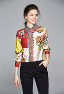 Summer Women Slim Blouses Tops Baroque Print Runway Long Sleeve Shirt Ladies Collar Elegant Vintage Office Shirts Work Wear