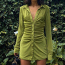 Women Elegant Short Sleeve Skinny Mini Dress Summer Turn-Down Collar Ruched Shirt Dress Green Blue Slim Party Dresses Vestido