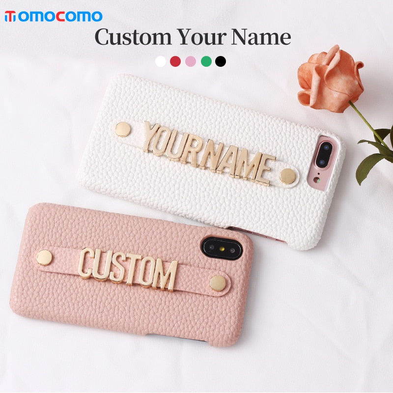 Holding Strap Letter Custom Personalize Name Pebble Leather Phone Case For iPhone14 14ProMax 14Plus 13Promax 13 12 1Luxury Cover