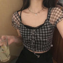 2021 Summer New Plaid Tshirts Women Retro Square Collar Shirt Casual Lace Tees Puff Sleeve Y2k Crop Tops Female Korean Fashion