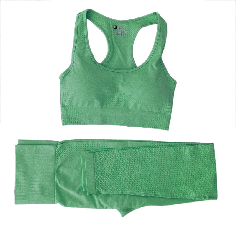 Conjunto de Yoga sin costuras para mujer, trajes deportivos para Fitness, tela para gimnasio, camisetas de manga larga para Yoga, mallas para correr de cintura alta, pantalones de entrenamiento, sujetador