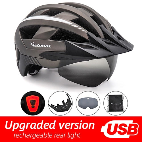 Victgoal casco de bicicleta LED montaña carretera USB recargable luz casco de ciclismo para hombre visera gafas hombres MTB bicicleta casco