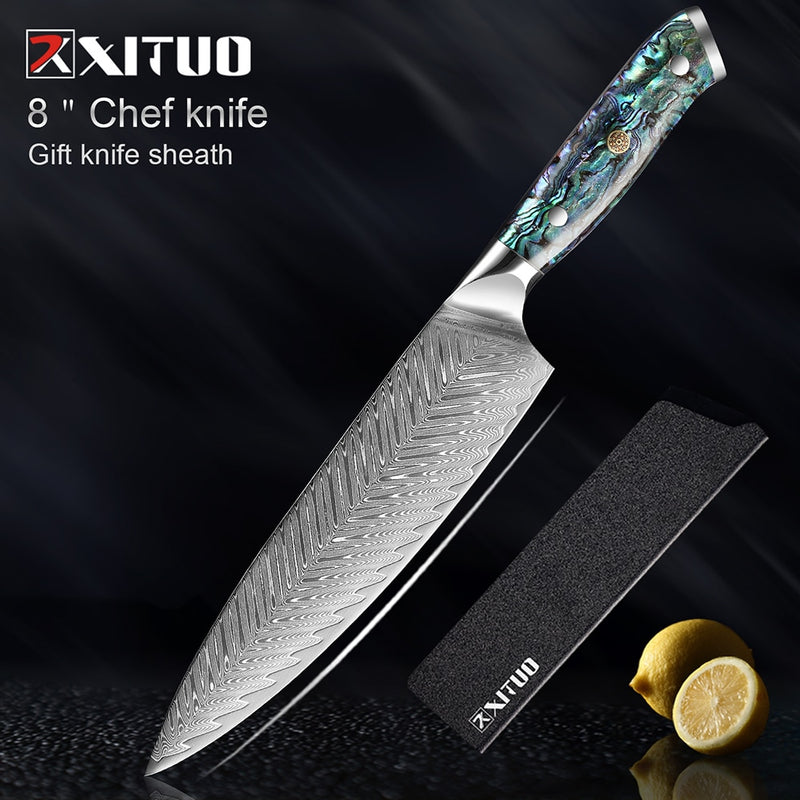 Juego de cuchillos de acero de Damasco XITUO, 1-5 uds., herramientas de cocina, cuchillo de Chef, cuchillos japoneses Santoku, cuchillo para deshuesar, mango de concha exquisito nuevo