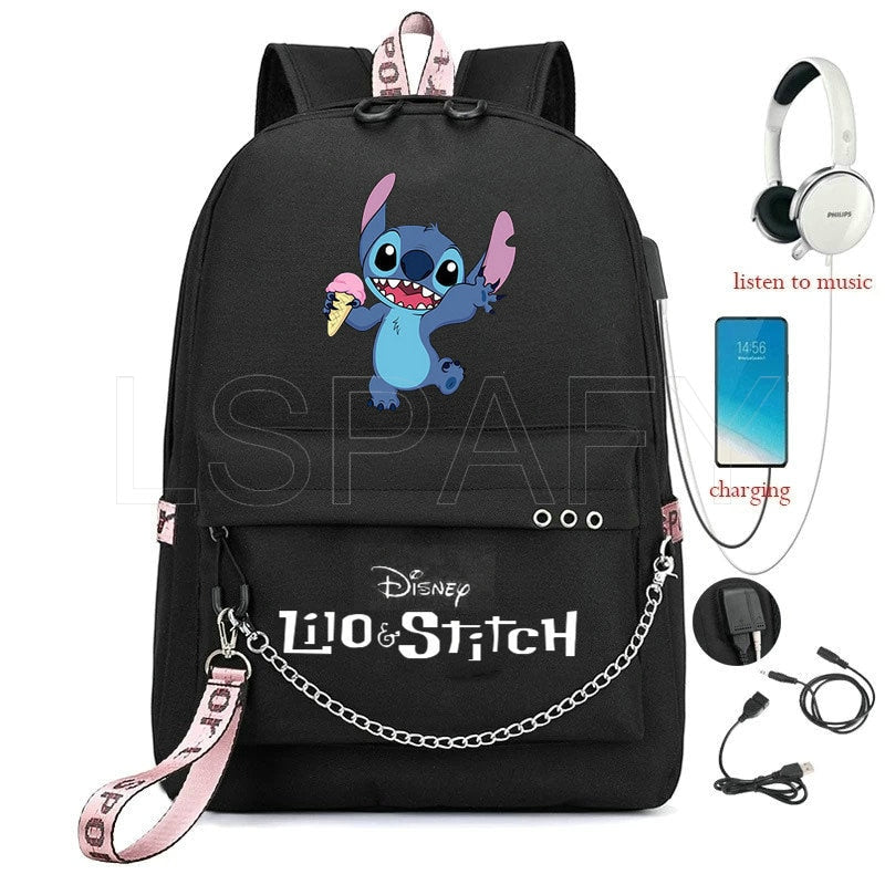 Disney Kawaii Stitch Bag Zipper USB Charging Mochila Capacity Backpack Women Kpop School Bags for Teenage Girls Students
