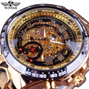 Forsining Waterproof Golden Black Skeleton Clock Two Button Decoration Mechanical Wrist Watches for Men Black Genuine Leather