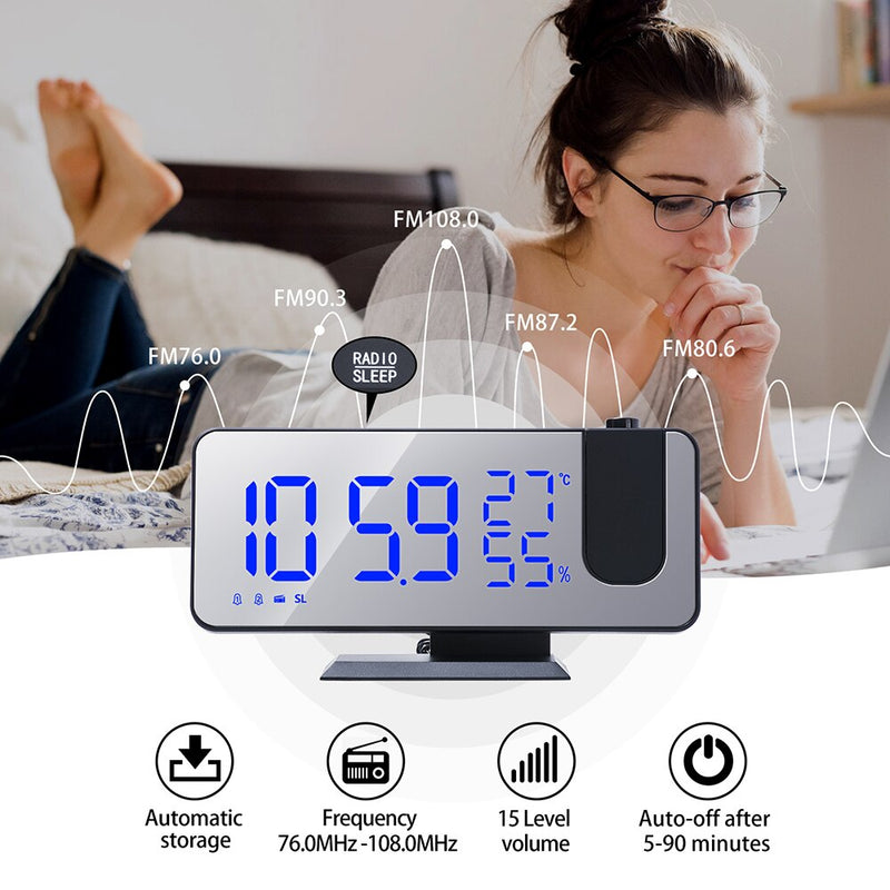 Despertador Digital LED de 3 colores, proyección de Radio con reloj de espejo de temperatura y humedad, pantalla de tiempo de cabecera multifuncional